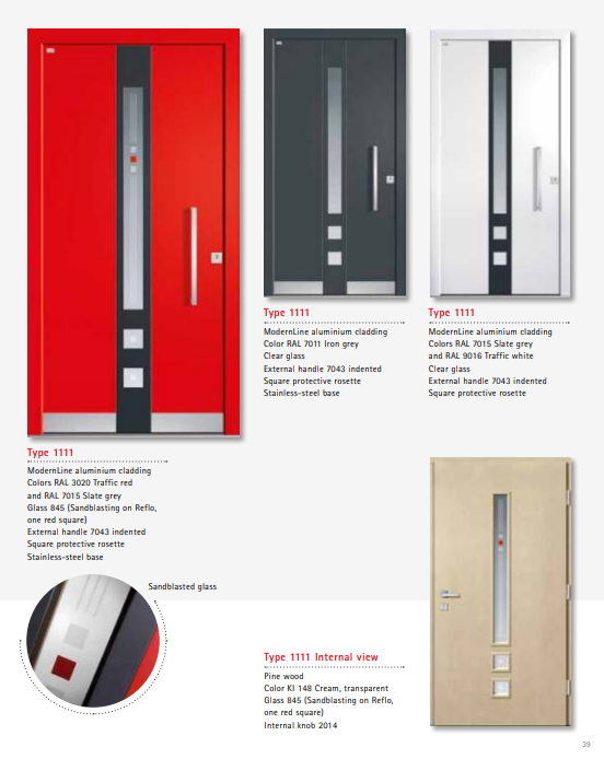 Type 1111 ModernLine – ModernLine Sandblasted Red Square Glass Aluminium-Wood Entrance Door, Cream or Iron Grey Finish, Fully Customizable, High Efficiency, Secure Multi-Lock
